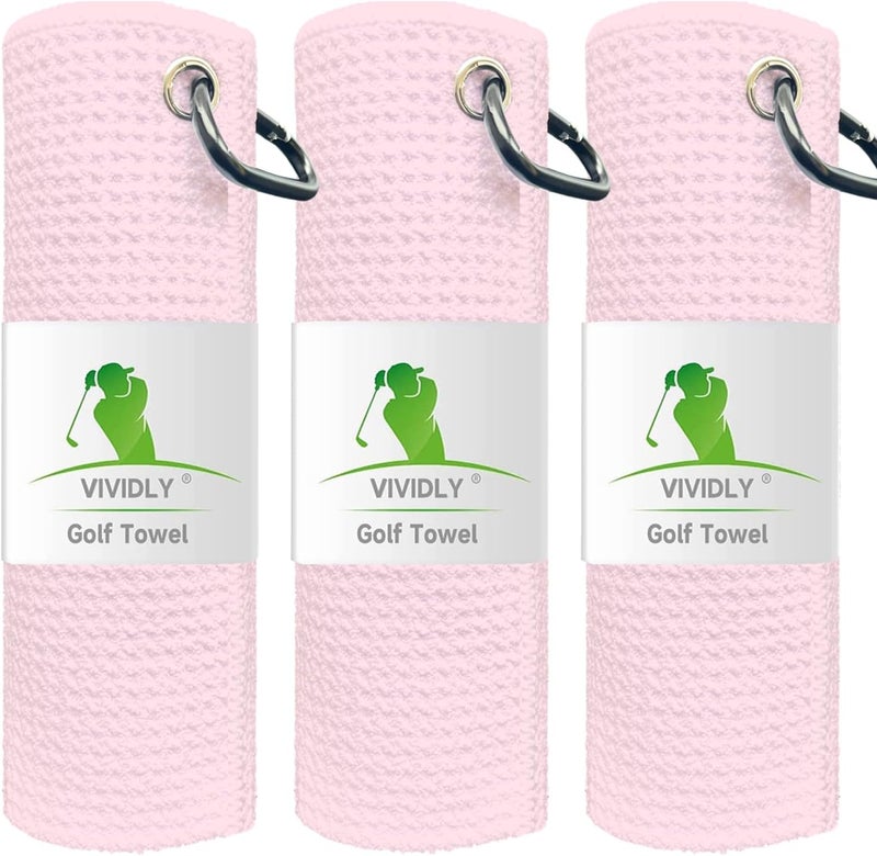 VIVIDLY 3 Pack Golf Towels (16" X 16"), Microfiber Waffle Pattern Golf Towel with Carabiner Clip, Suitable for Men's Golf Gifts (Pink) - Image 1